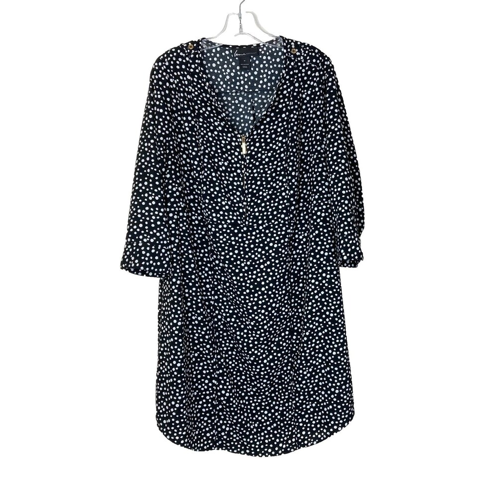 LANE BRYANT 3/4 Sleeve Shift Dress Size 14 B & W Polka Dot Gold Zip V-Neck